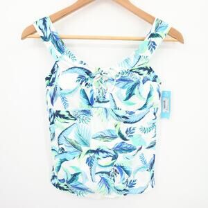Ambrielle Tankini Top Blue White Feather Pattern Lace Up Scoop Neck Size Small